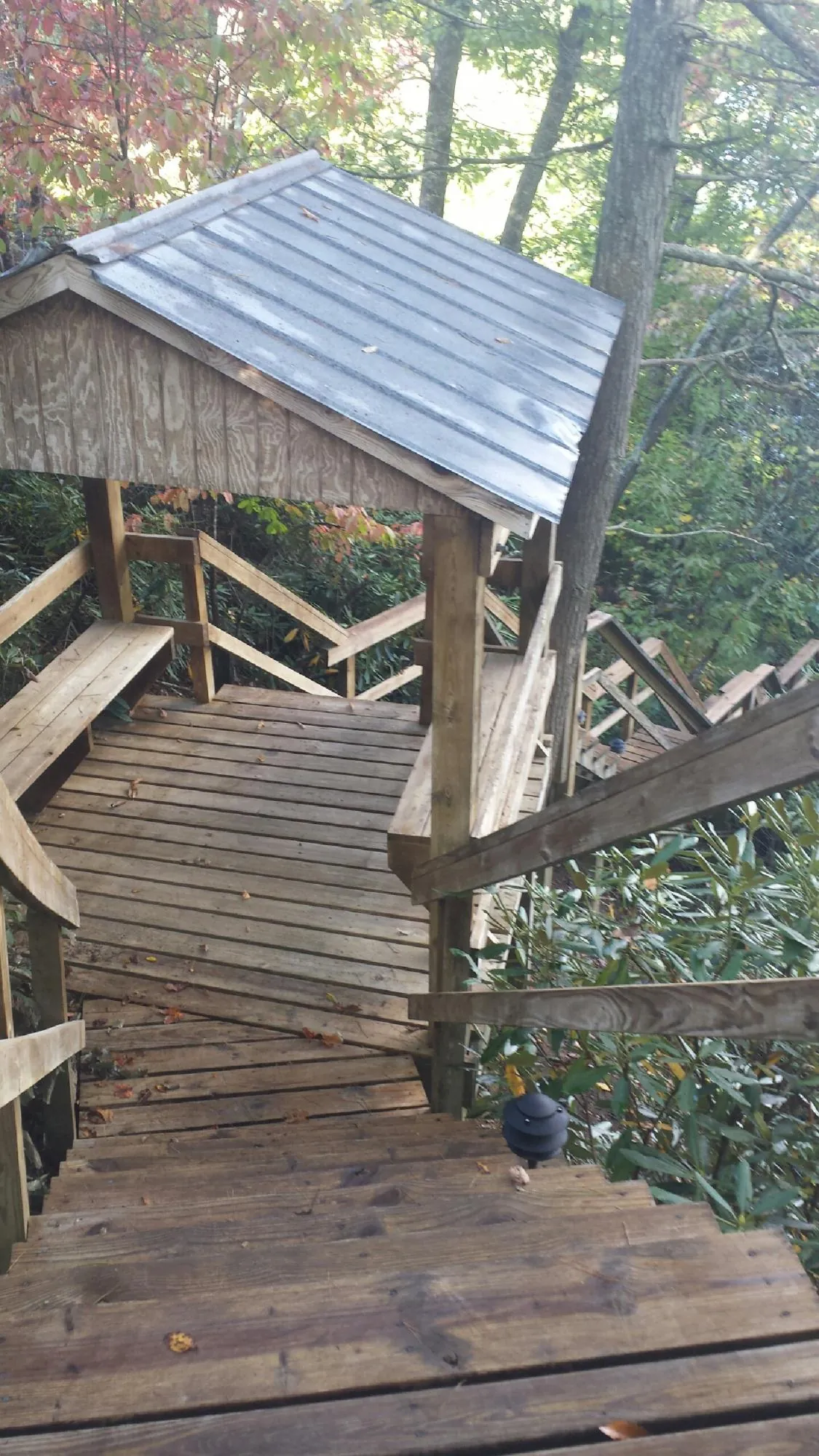 Metal roofed shelter over wooden steps on a wooded walkway — Skylight Repair & Installation work by our crew in Otter Creek